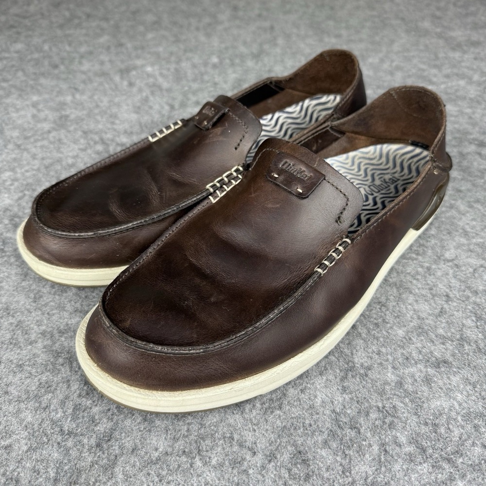 Olukai Shoes Mens Sz 11.5 Kakaha Dark Brown Leather Slip On Loafers Drop In Heel